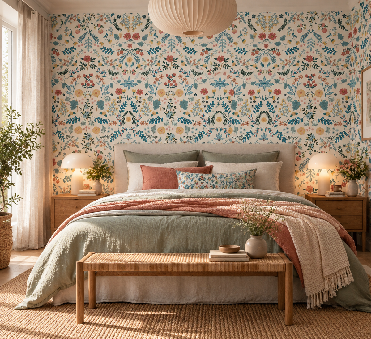 Papier peint adhésif Folklore posé dans une pièce : fleurs et feuillage bleu et corail style scandinave