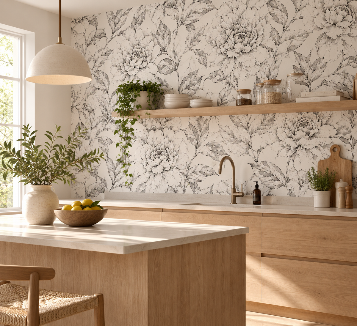 Papier peint adhésif Esquisse posé dans une pièce : pivoines style gravure sur fond beige