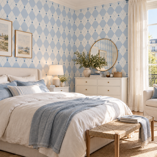 Papier peint adhésif Damier, losanges bleu et crème, en décoration murale