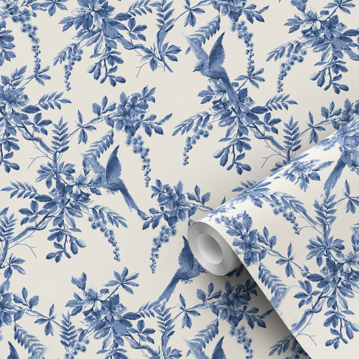 Motif du papier peint adhésif Envolée : oiseaux et feuillage bleus sur fond crème