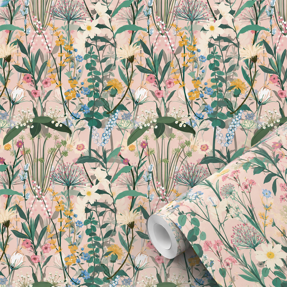 Motif du papier peint adhésif Jardin Poudré : fleurs sauvages sur fond rose poudré