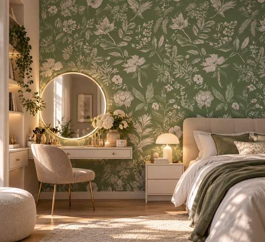 Papier peint adhésif Jardin Gravé, fleurs et feuillage blancs sur fond vert sauge, en décoration murale