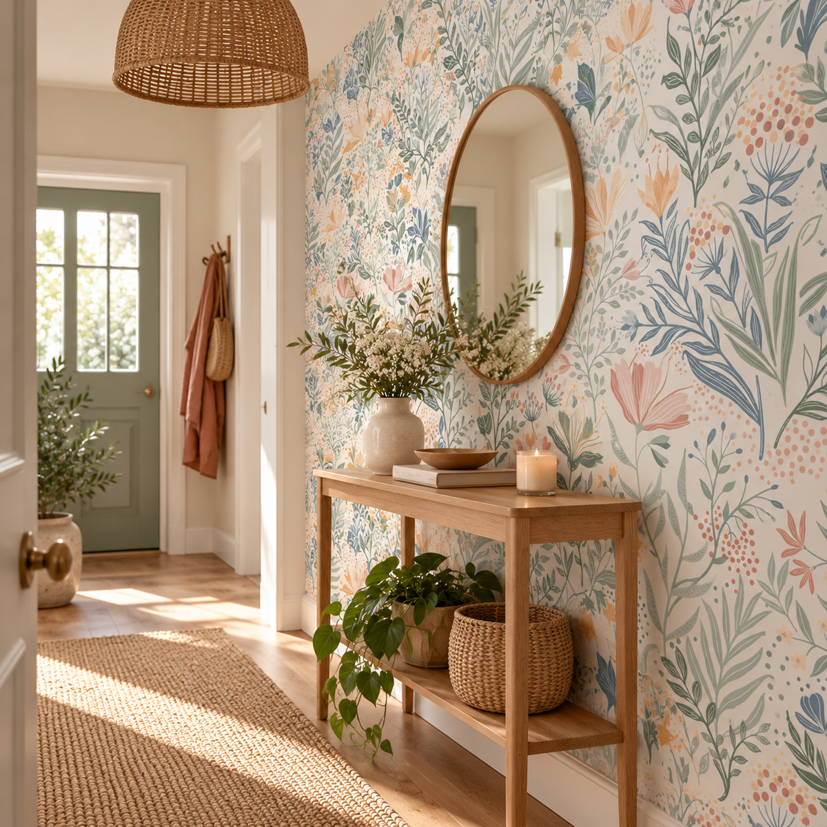 Papier peint adhésif Fleurs des Champs, fleurs sauvages vert sauge, bleu et ocre, en décoration murale