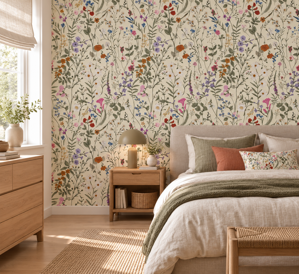 Papier peint adhésif Herbier Sauvage posé dans une pièce : fleurs sauvages et marguerites sur fond beige