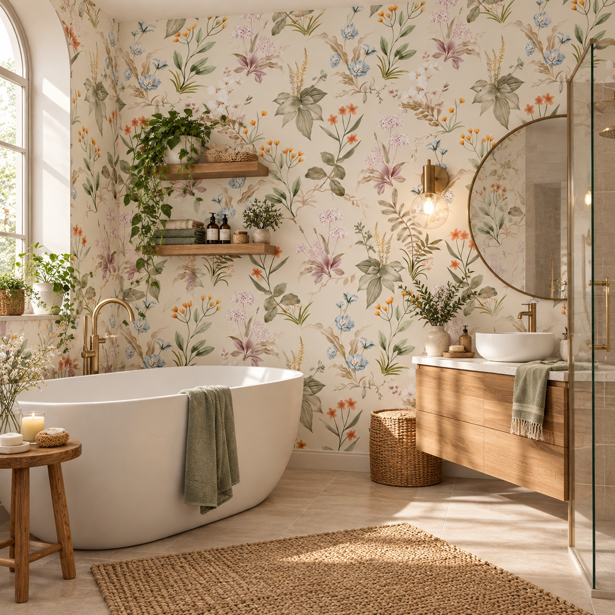 Papier peint adhésif Aube, fleurs sauvages à l'aquarelle sur fond crème, en décoration murale