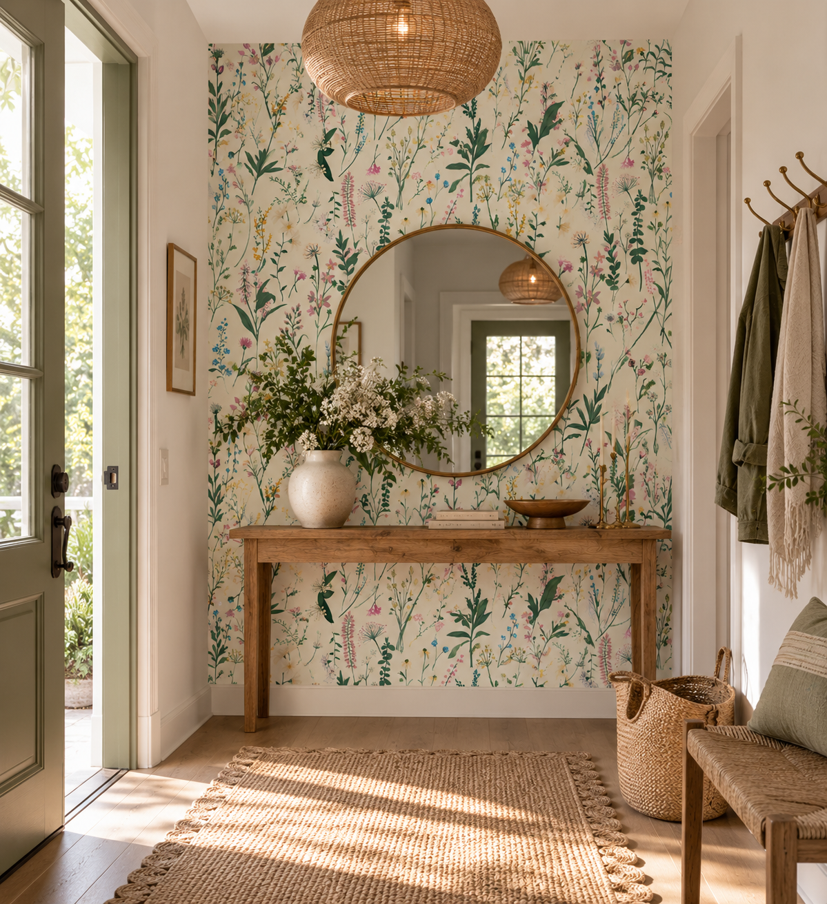 Papier peint adhésif Pré Fleuri, fleurs des prés vert et rose, en décoration murale