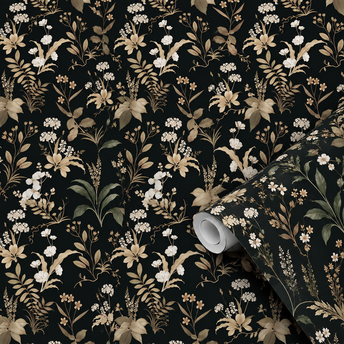 Motif du papier peint adhésif Minuit : fleurs et feuillage beige sur fond noir