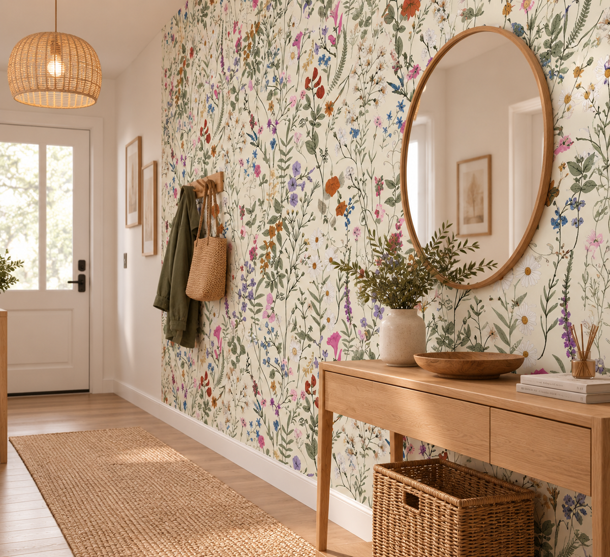Papier peint adhésif Herbier Sauvage, fleurs sauvages et marguerites sur fond beige, en décoration murale