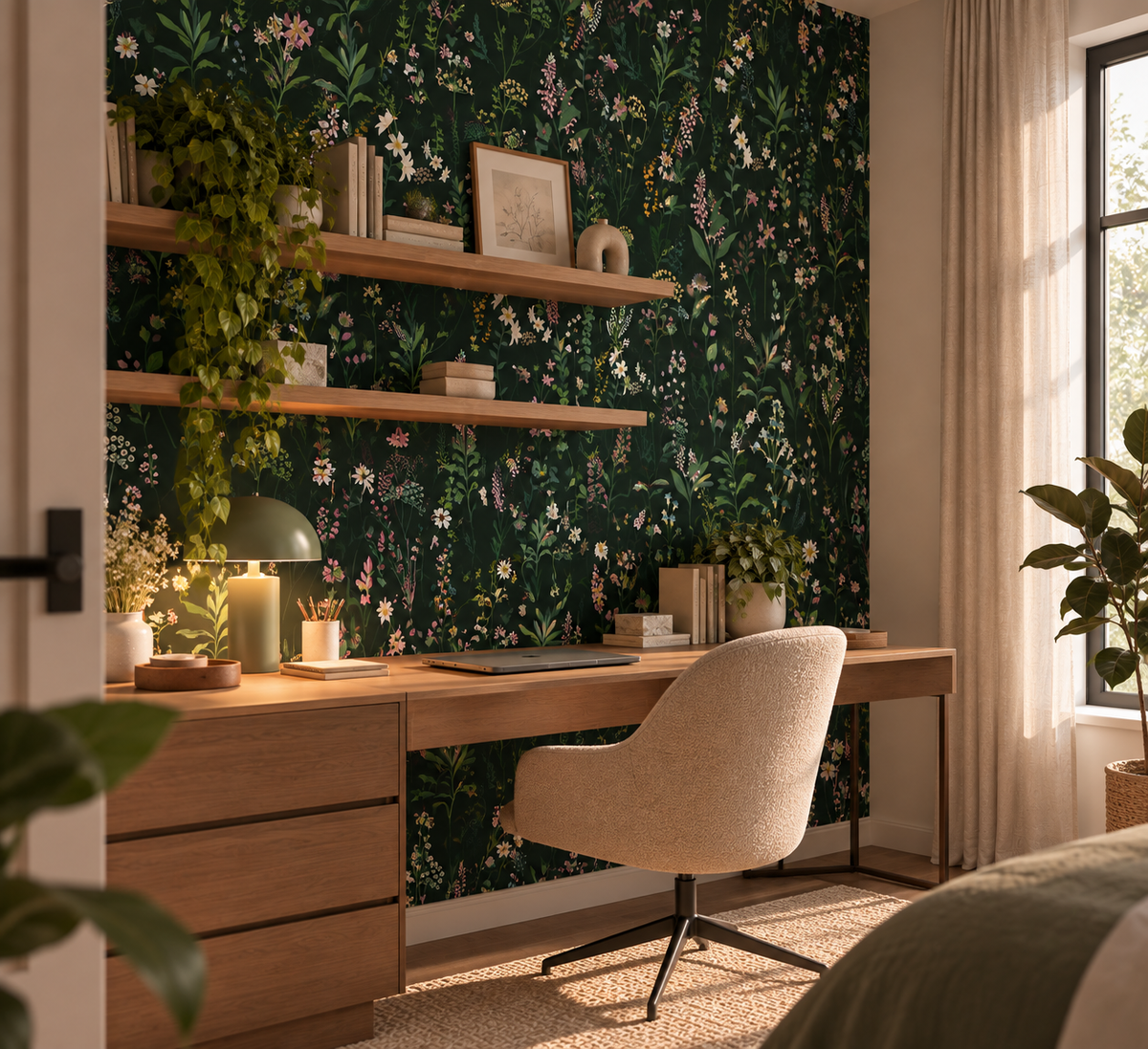 Papier peint adhésif Sous-Bois, fleurs sauvages sur fond vert forêt, en décoration murale