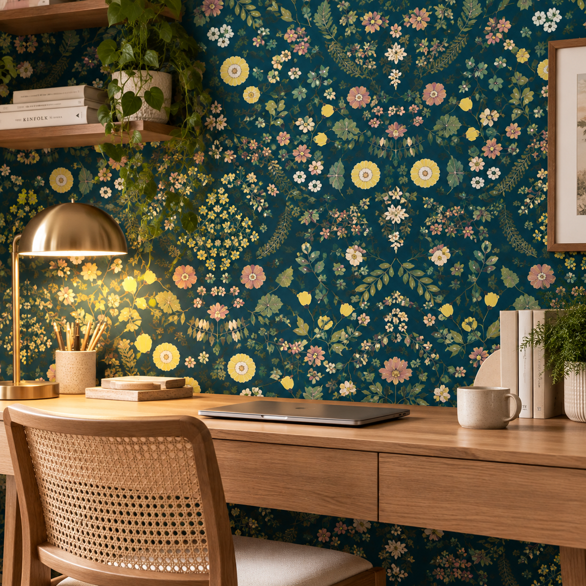 Papier peint adhésif Jardin Secret, petites fleurs jaunes et roses sur fond bleu canard, en décoration murale