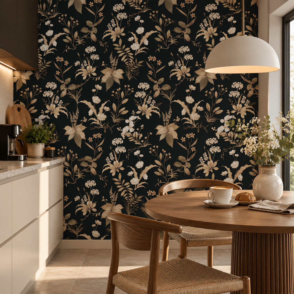 Papier peint adhésif Minuit, fleurs et feuillage beige sur fond noir, en décoration murale
