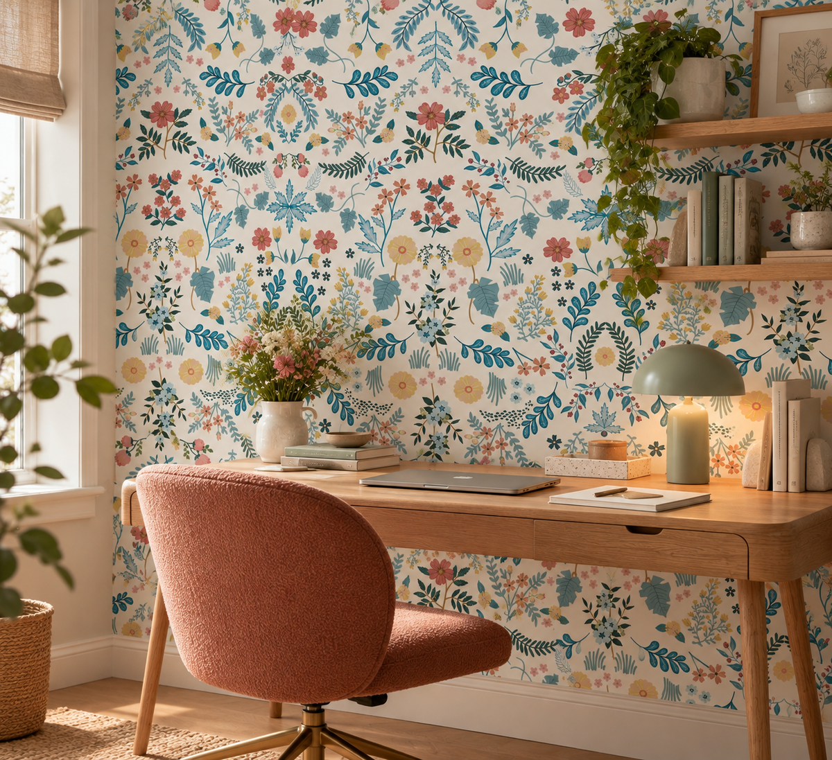 Papier peint adhésif Folklore, fleurs et feuillage bleu et corail style scandinave, en décoration murale
