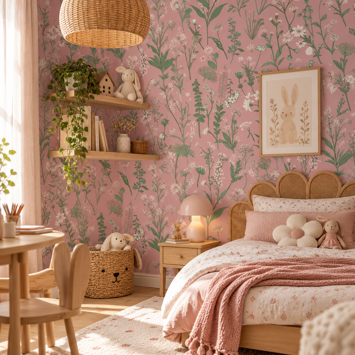 Papier peint adhésif Herbier Poudré, fleurs sauvages sur fond vieux rose, en décoration murale