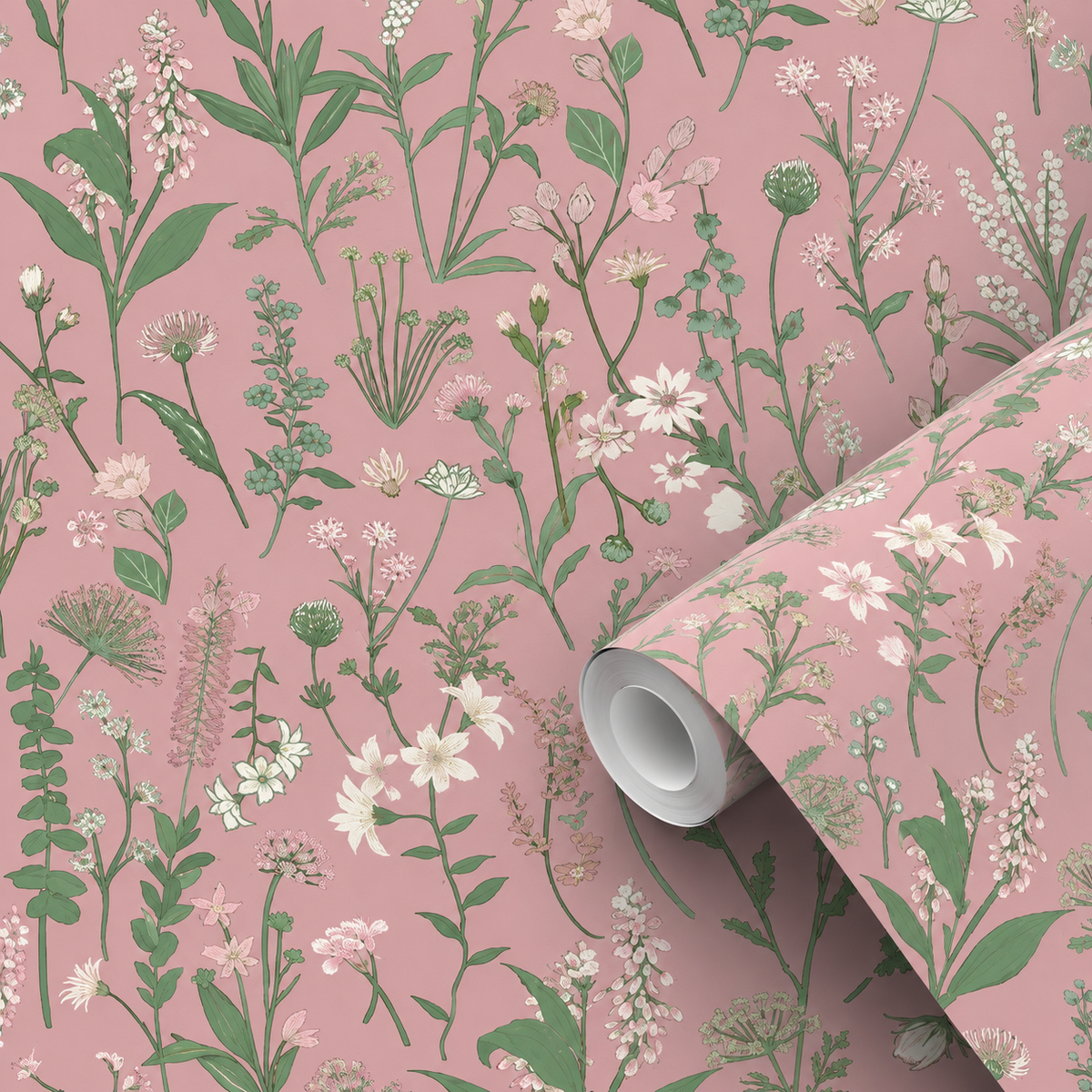 Motif du papier peint adhésif Herbier Poudré : fleurs sauvages sur fond vieux rose
