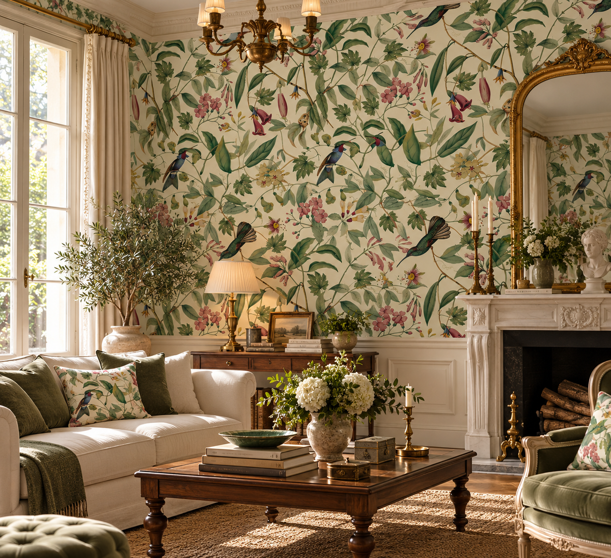Papier peint adhésif Jardin des Colibris, colibris et fleurs sur fond crème, en décoration murale