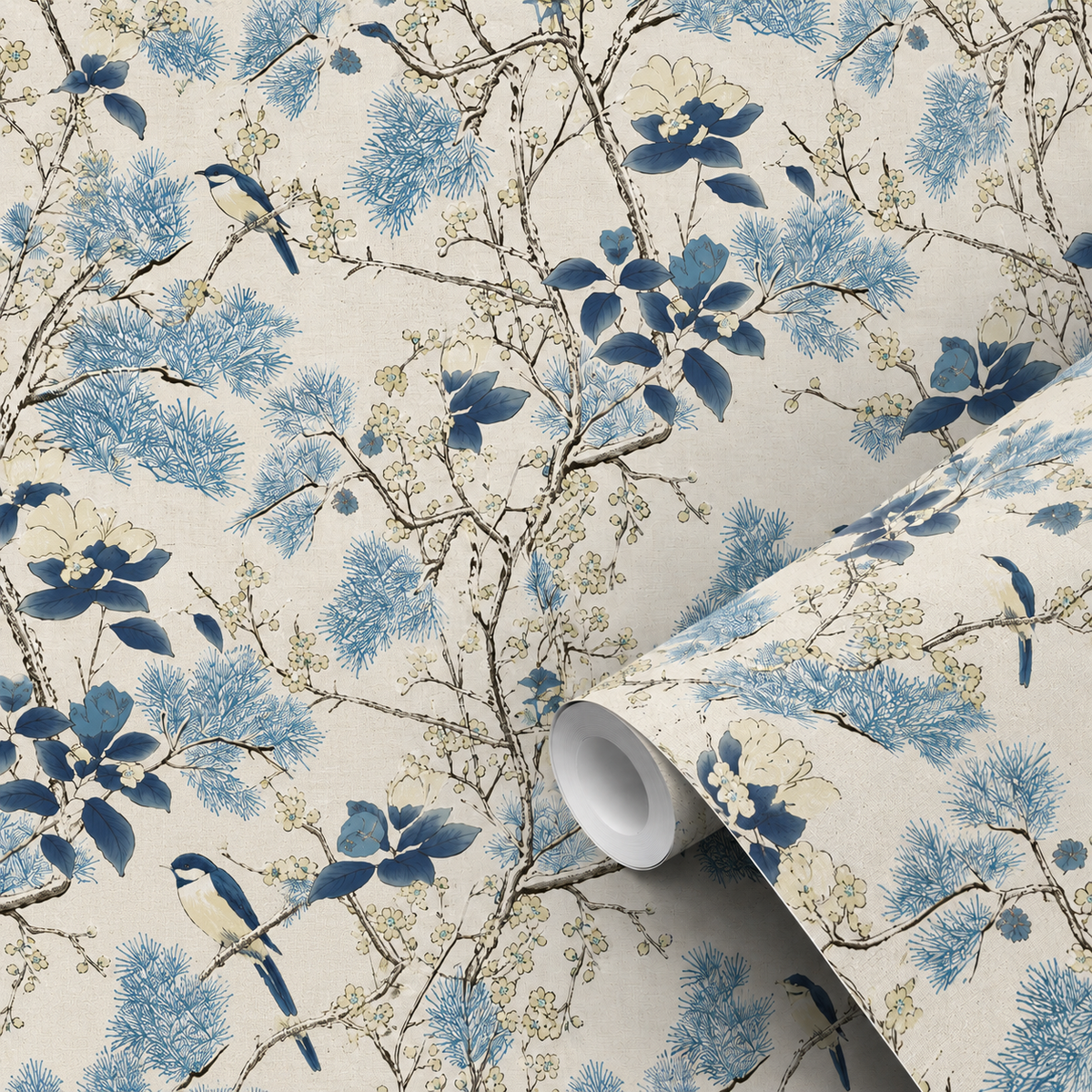 Motif du papier peint adhésif Porcelaine : oiseaux et branches fleuries bleus sur fond beige
