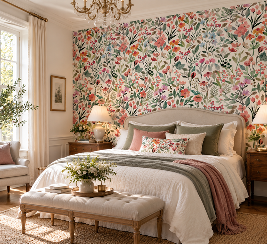 Papier peint adhésif Jardin Corail, fleurs à l'aquarelle corail et vert, en décoration murale