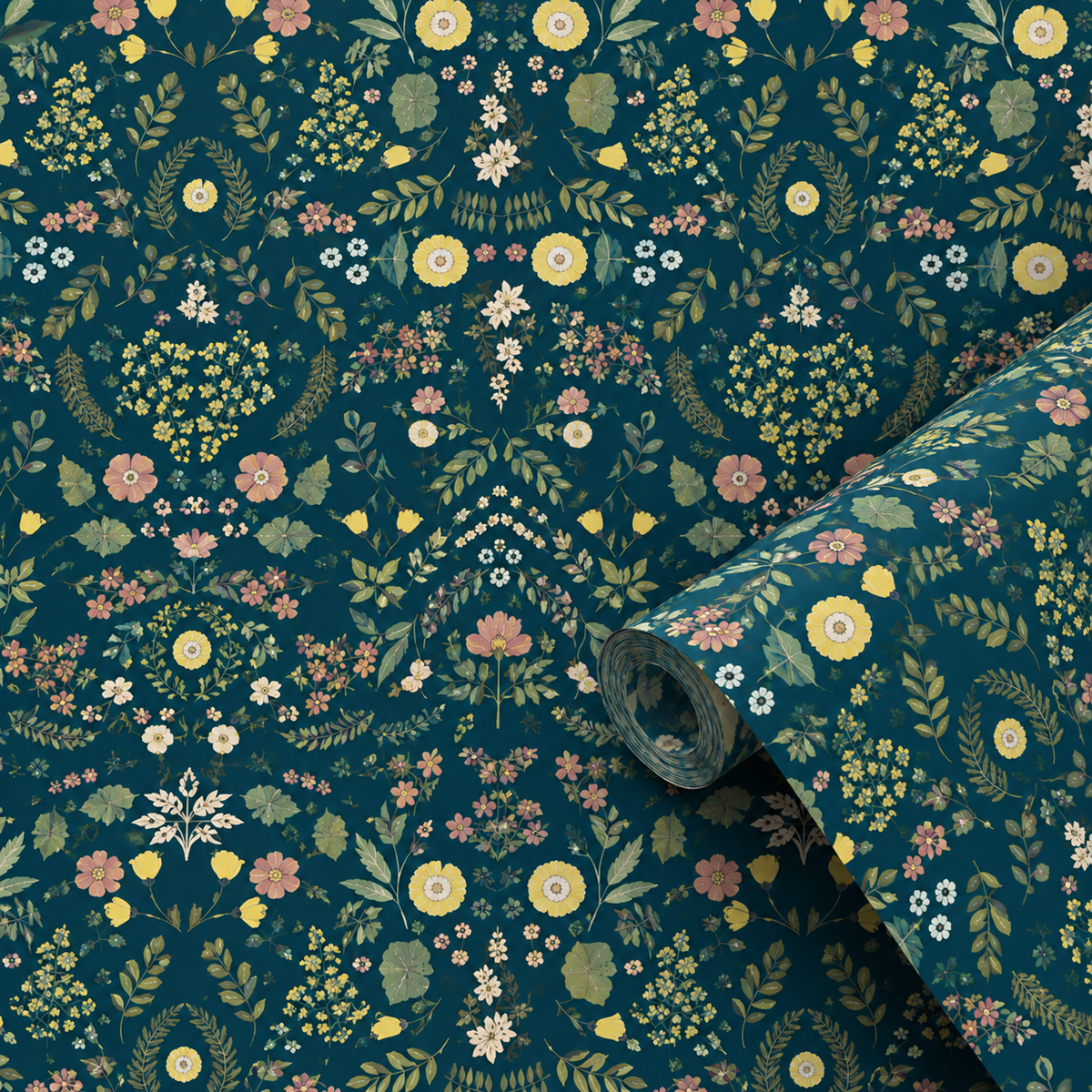 Motif du papier peint adhésif Jardin Secret : petites fleurs jaunes et roses sur fond bleu canard