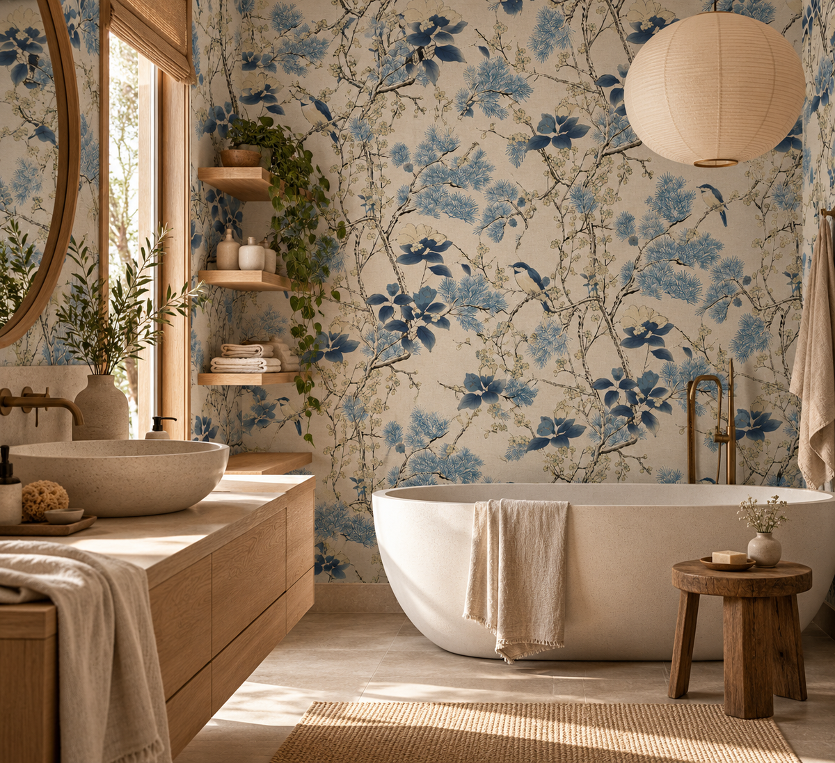 Papier peint adhésif Porcelaine, oiseaux et branches fleuries bleus sur fond beige, en décoration murale