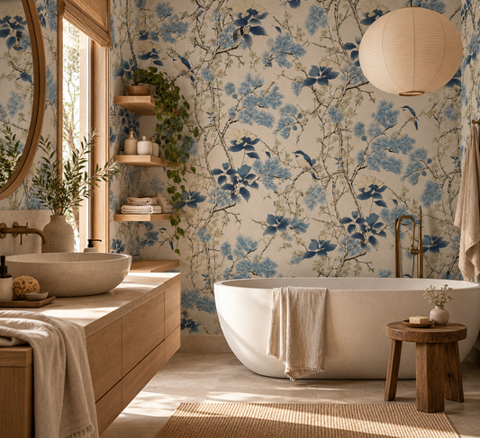 Papier peint adhésif Porcelaine, oiseaux et branches fleuries bleus sur fond beige, en décoration murale