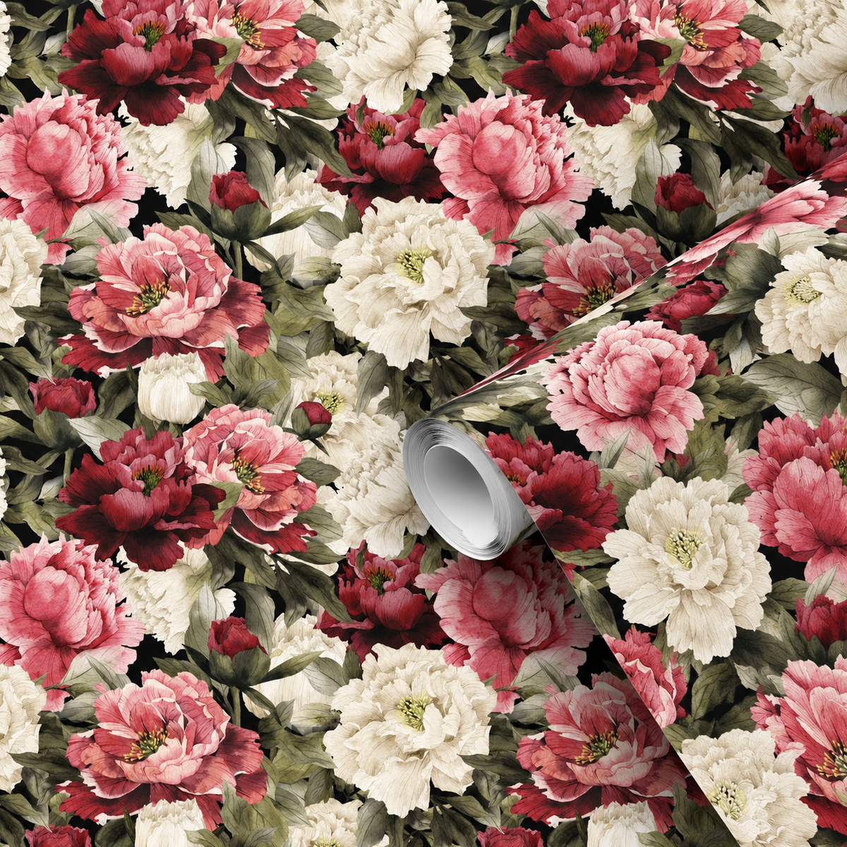 Motif du papier peint adhésif Bouquet Nocturne : grandes pivoines roses sur fond noir