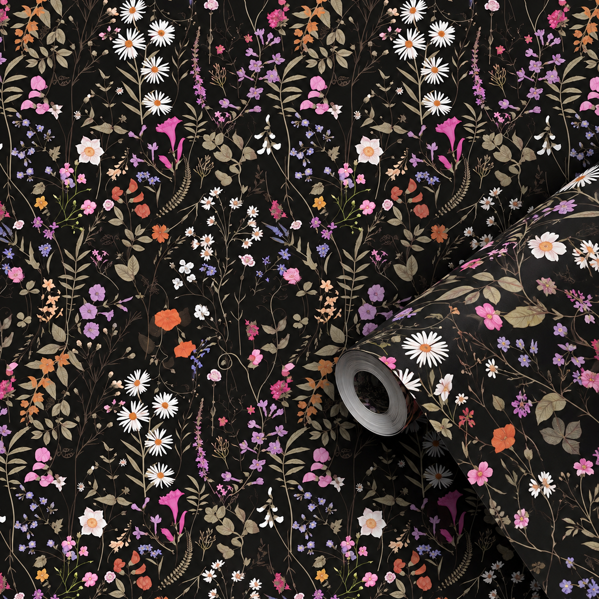 Motif du papier peint adhésif Herbier Sauvage : fleurs sauvages et marguerites sur fond noir