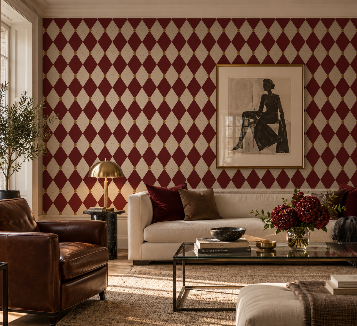 Papier peint adhésif Damier, losanges rouge et crème, en décoration murale