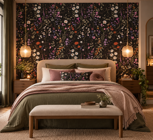 Papier peint adhésif Herbier Sauvage, fleurs sauvages et marguerites sur fond noir, en décoration murale