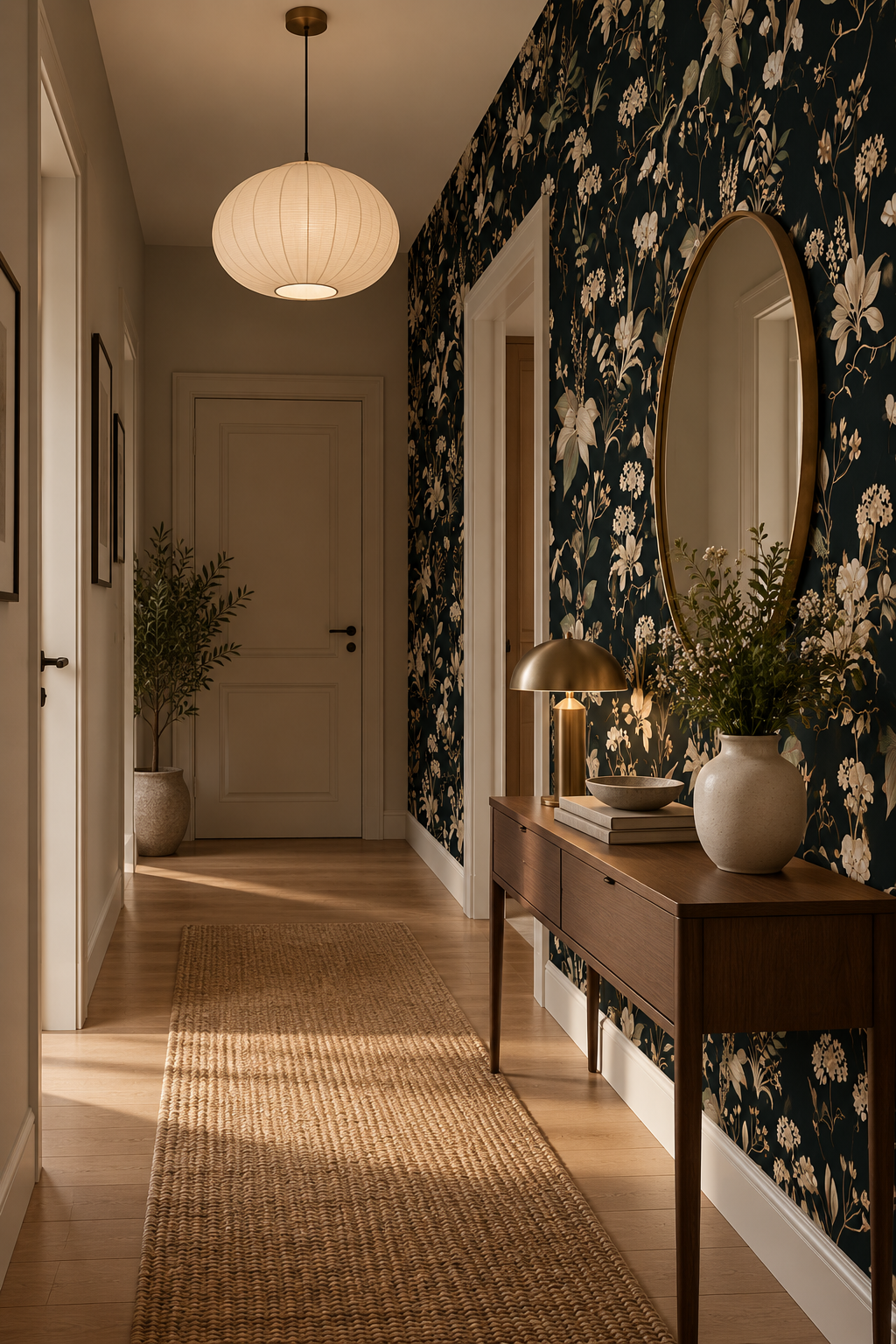 Papier peint adhésif Minuit posé dans une pièce : fleurs et feuillage beige sur fond noir