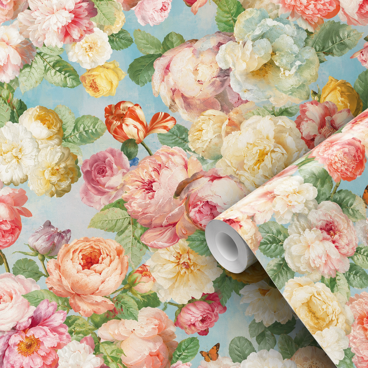 Motif du papier peint adhésif Roseraie : roses et pivoines sur fond bleu ciel