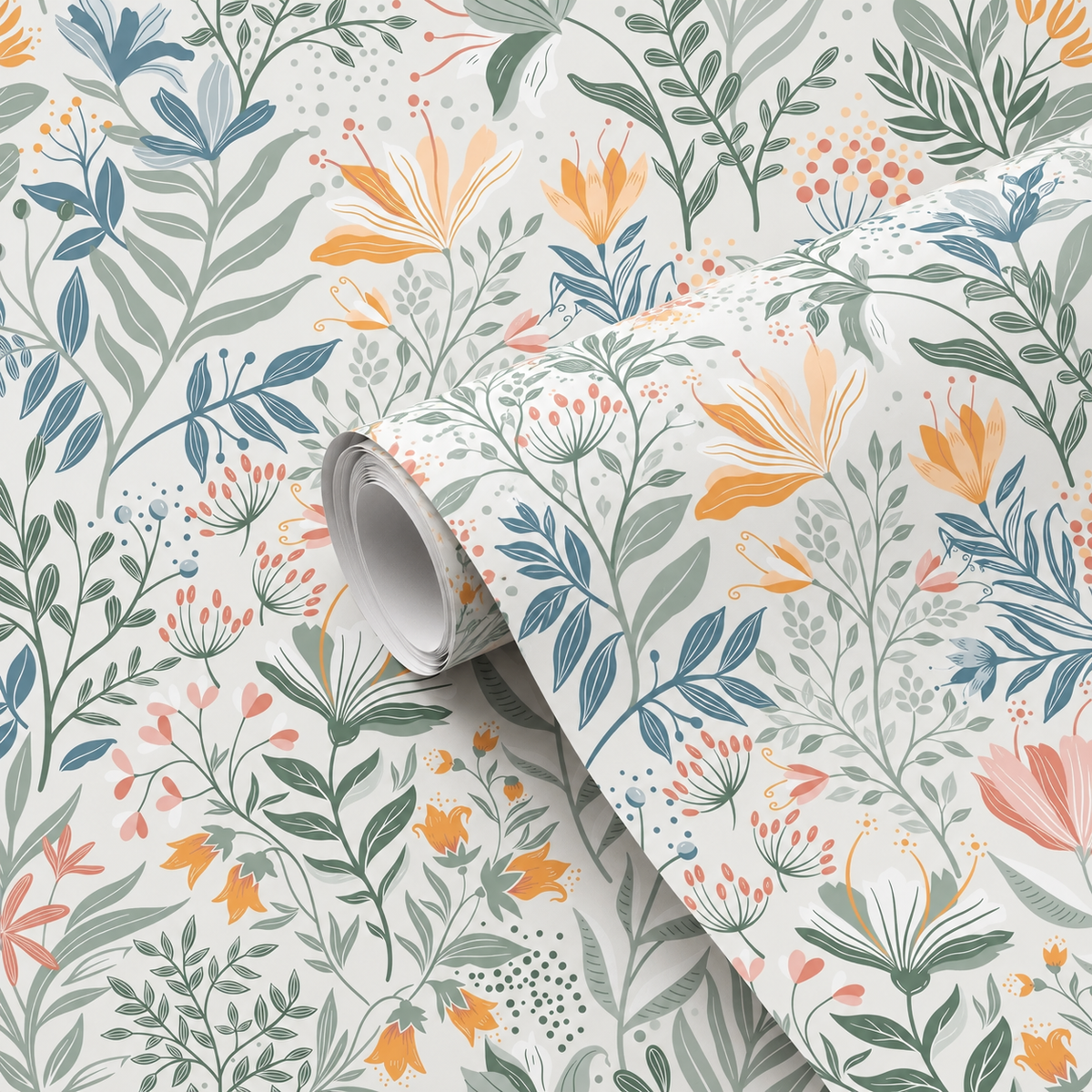 Motif du papier peint adhésif Fleurs des Champs : fleurs sauvages vert sauge, bleu et ocre