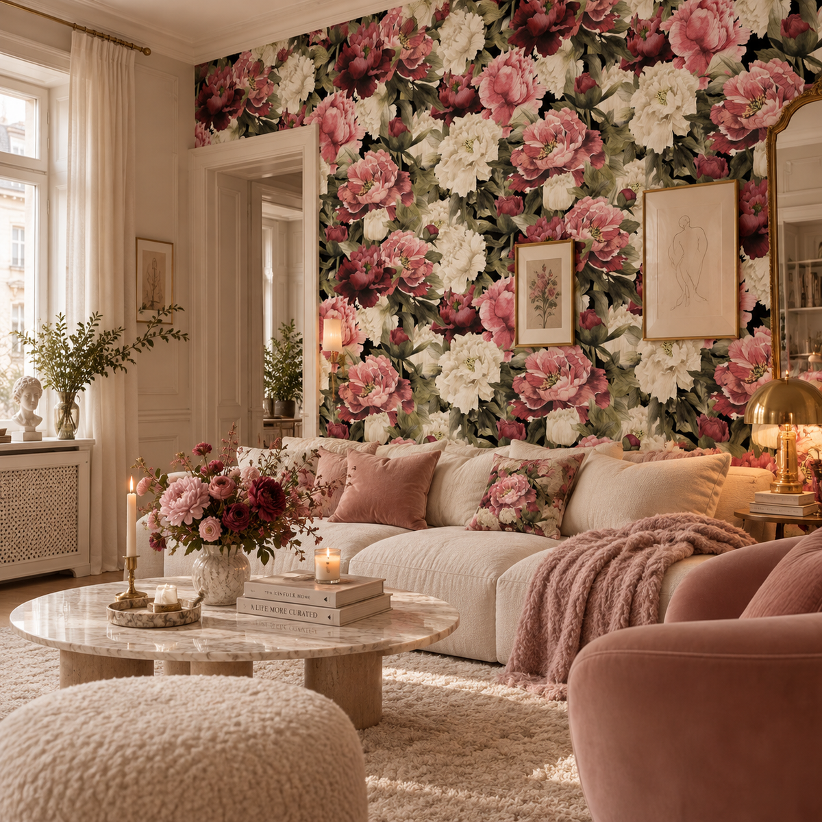 Papier peint adhésif Bouquet Nocturne, grandes pivoines roses sur fond noir, en décoration murale