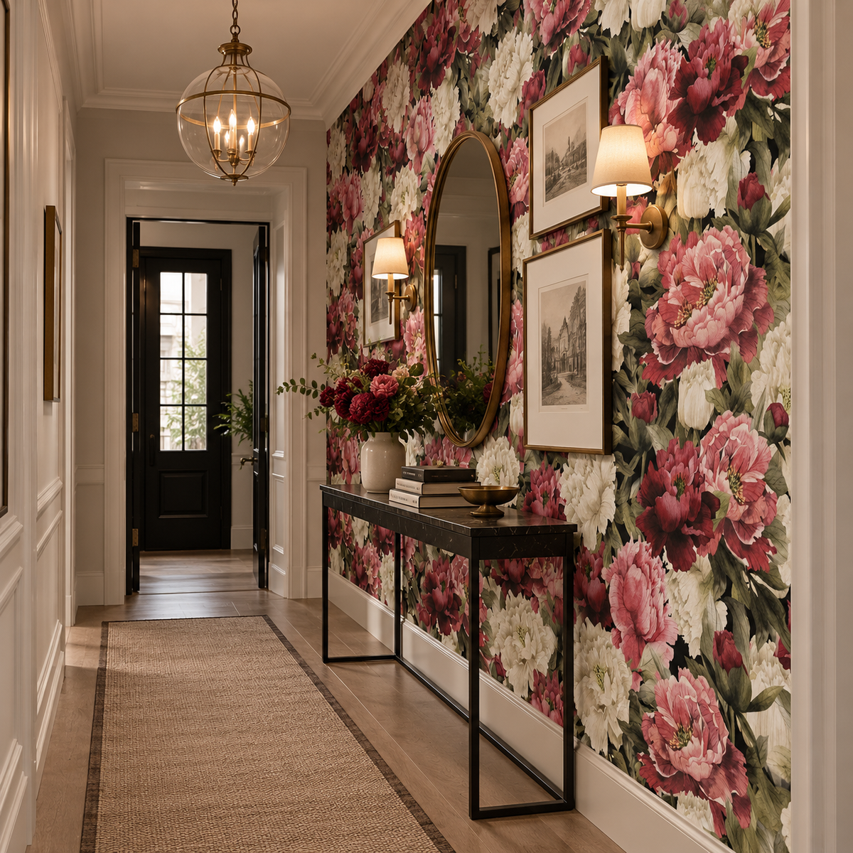 Papier peint adhésif Bouquet Nocturne posé dans une pièce : grandes pivoines roses sur fond noir