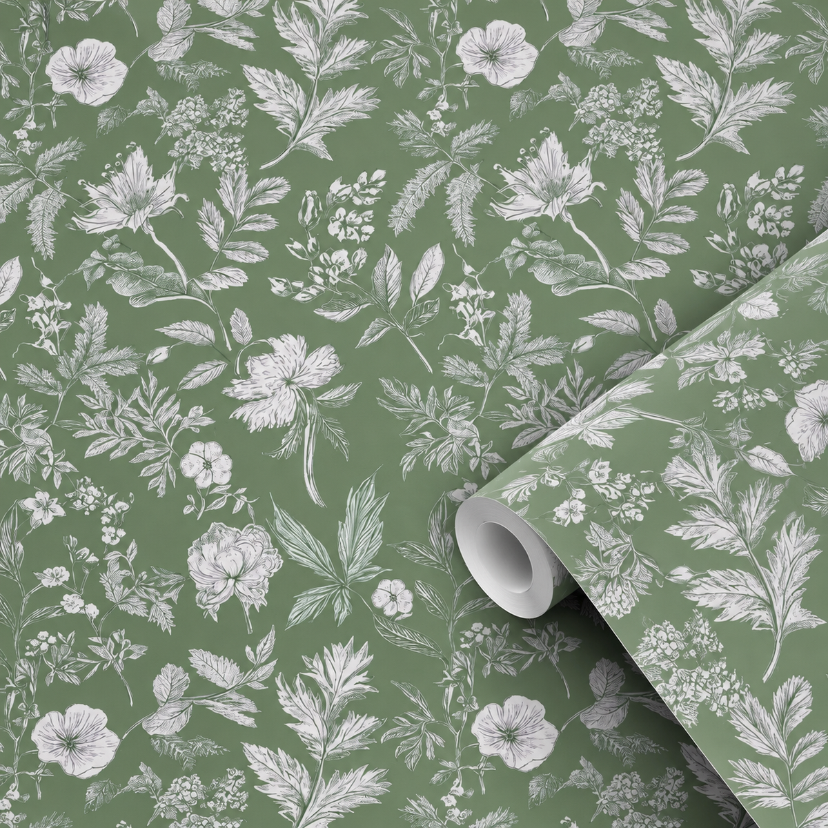 Motif du papier peint adhésif Jardin Gravé : fleurs et feuillage blancs sur fond vert sauge