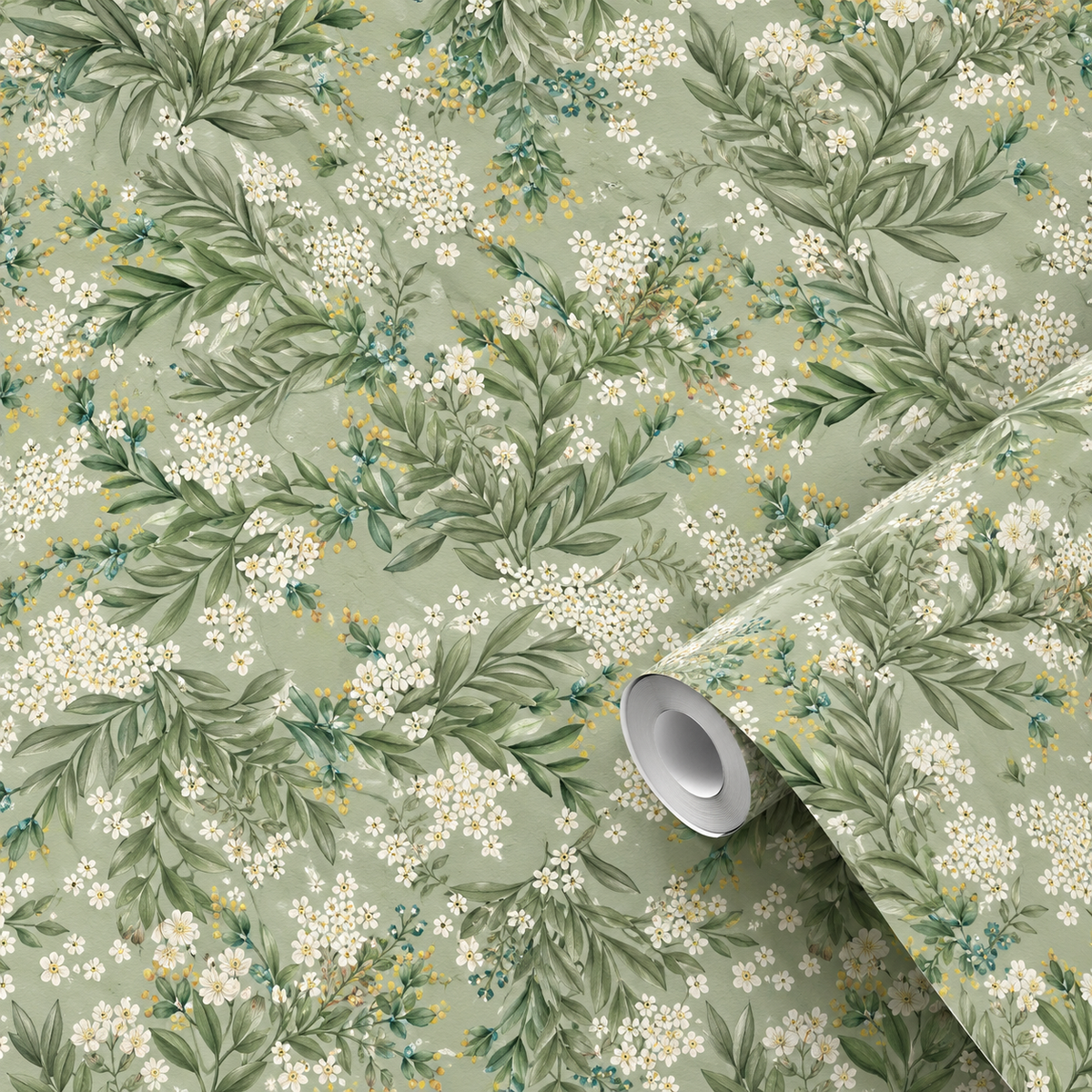 Motif du papier peint adhésif Sureau : petites fleurs blanches sur fond vert sauge