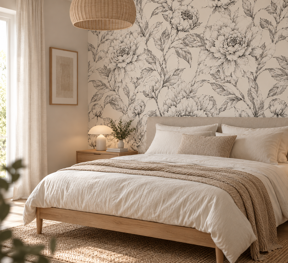 Papier peint adhésif Esquisse, pivoines style gravure sur fond beige, en décoration murale