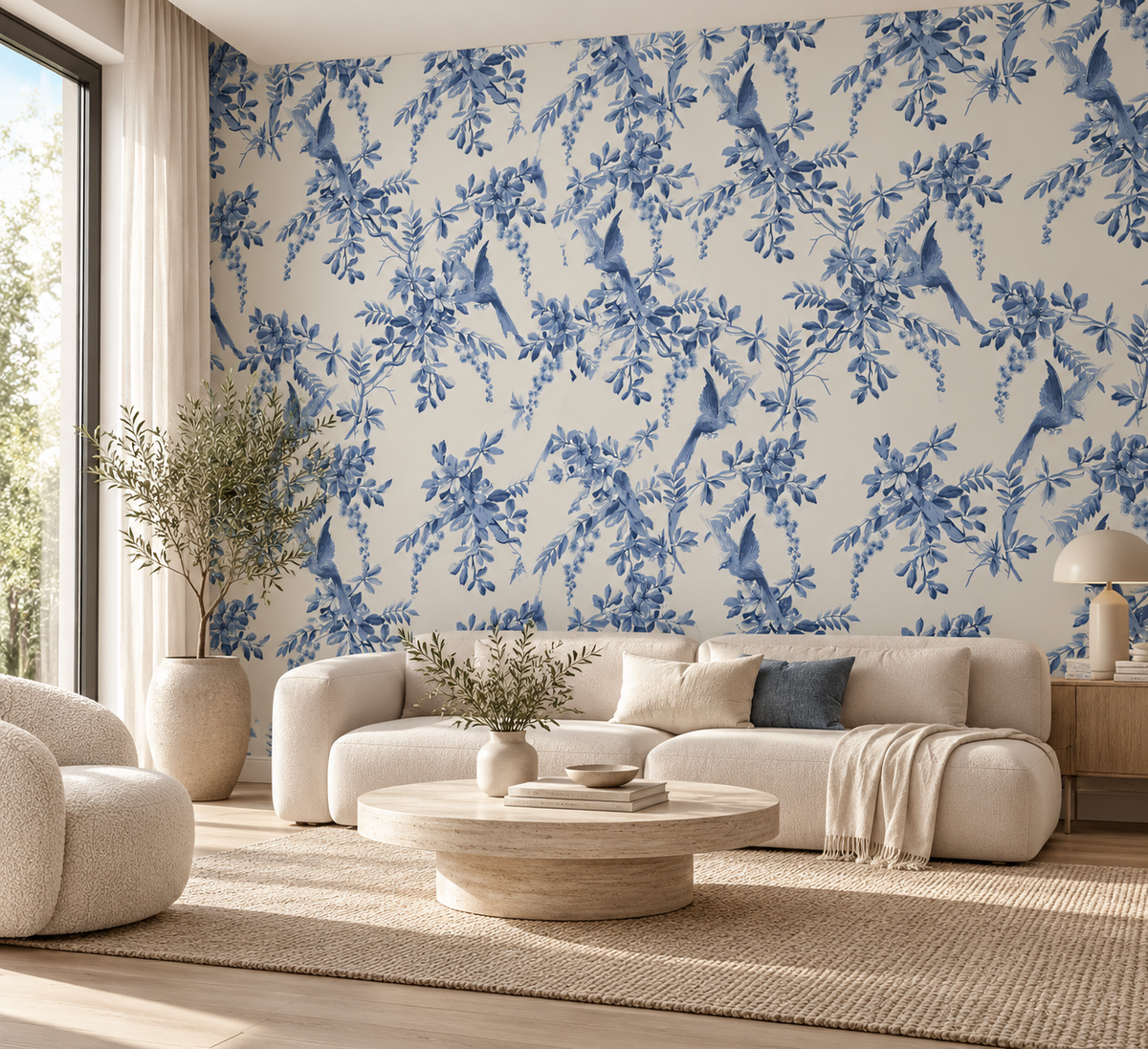 Papier peint adhésif Envolée, oiseaux et feuillage bleus sur fond crème, en décoration murale