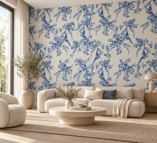 Papier peint adhésif Envolée, oiseaux et feuillage bleus sur fond crème, en décoration murale