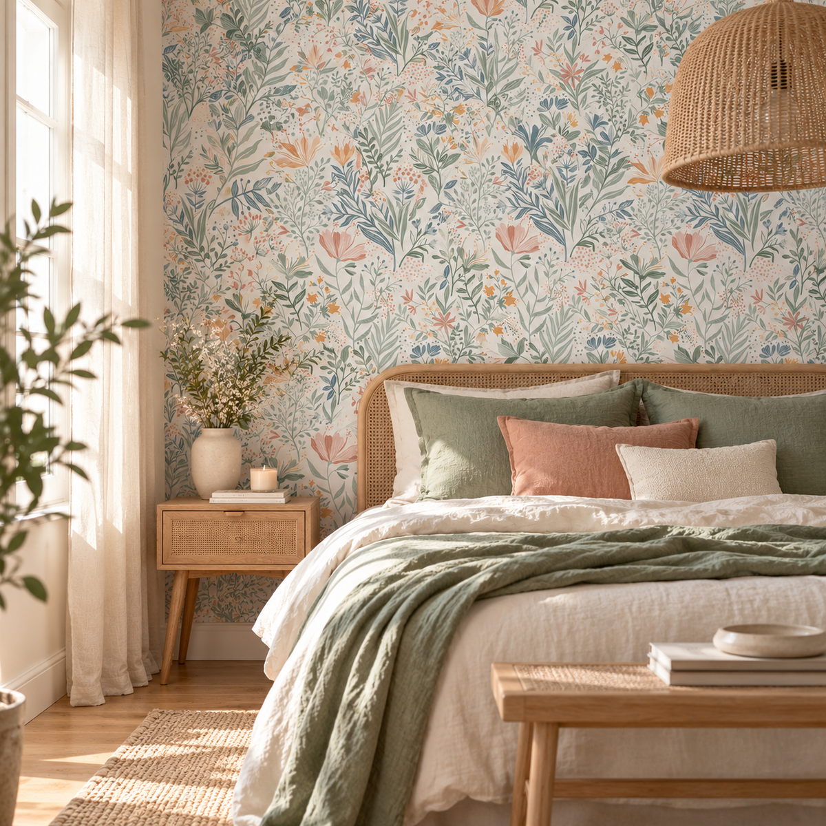 Papier peint adhésif Fleurs des Champs posé dans une pièce : fleurs sauvages vert sauge, bleu et ocre
