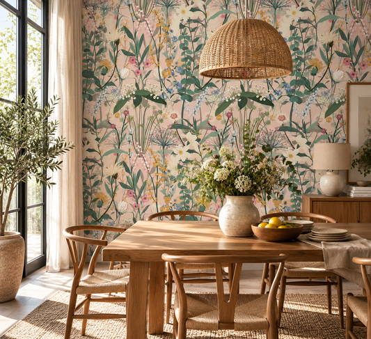 Papier peint adhésif Jardin Poudré, fleurs sauvages sur fond rose poudré, en décoration murale