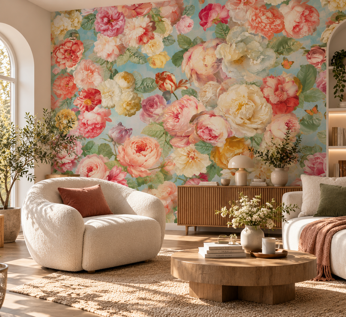 Papier peint adhésif Roseraie, roses et pivoines sur fond bleu ciel, en décoration murale