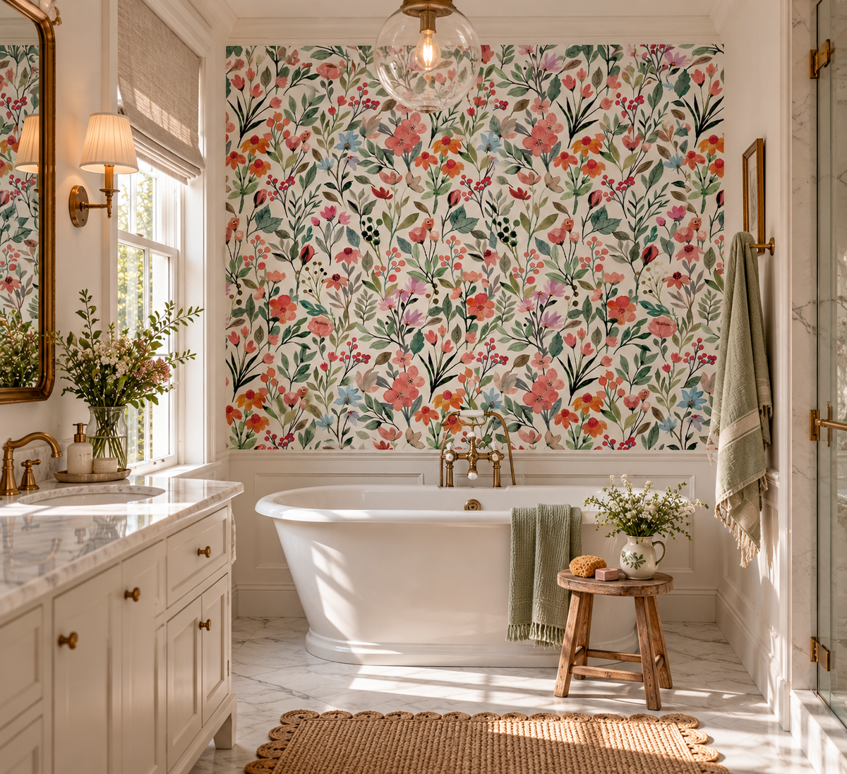 Papier peint adhésif Jardin Corail posé dans une pièce : fleurs à l'aquarelle corail et vert