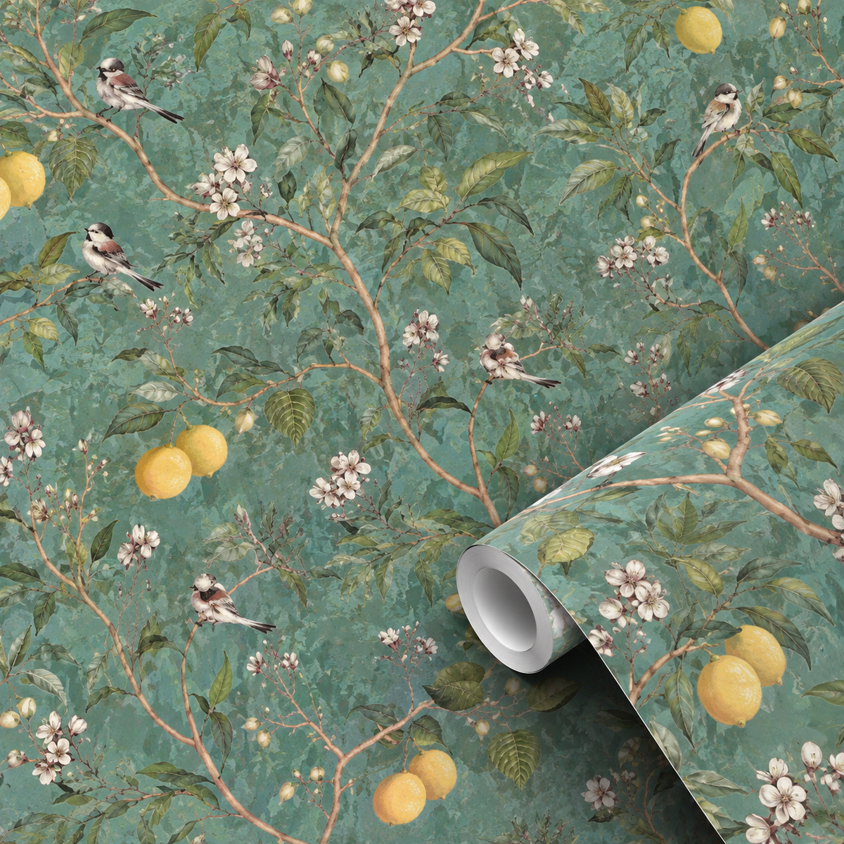 Motif du papier peint adhésif Citronnier : citrons et oiseaux sur fond vert canard