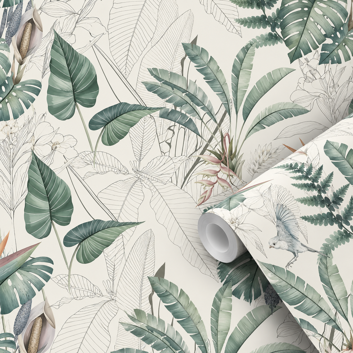 Motif du papier peint adhésif Canopée : feuilles de monstera et de bananier vertes