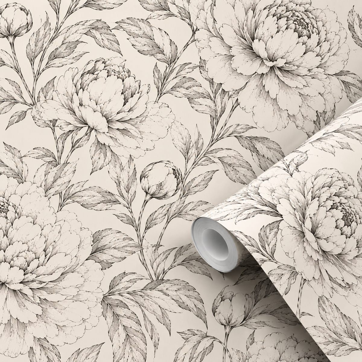 Motif du papier peint adhésif Esquisse : pivoines style gravure sur fond beige