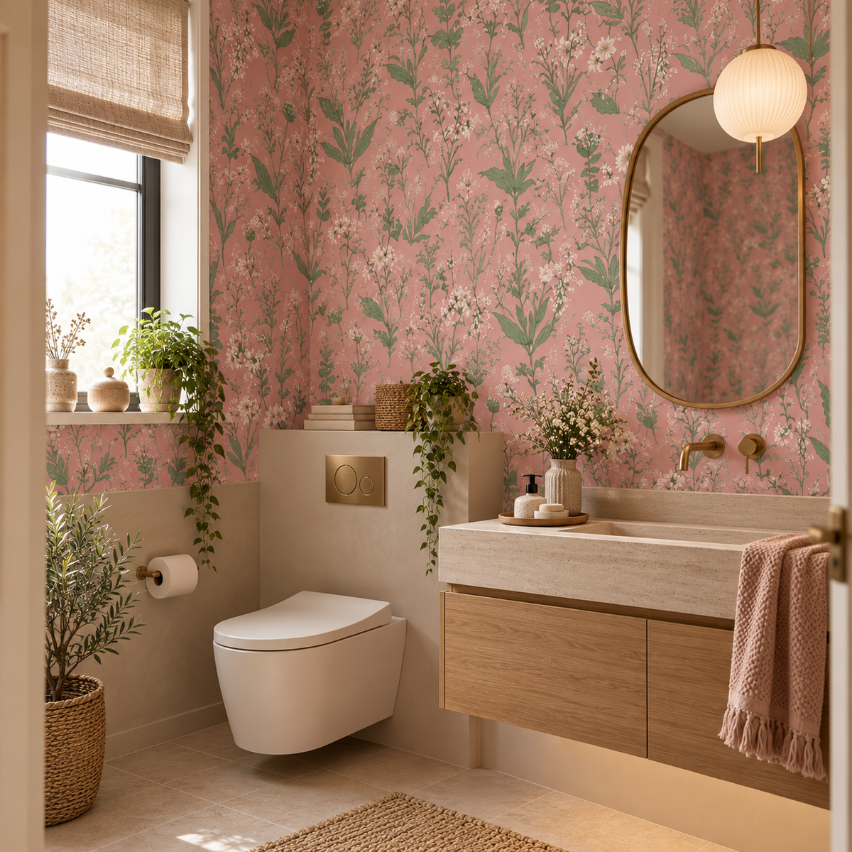 Papier peint adhésif Herbier Poudré posé dans une pièce : fleurs sauvages sur fond vieux rose