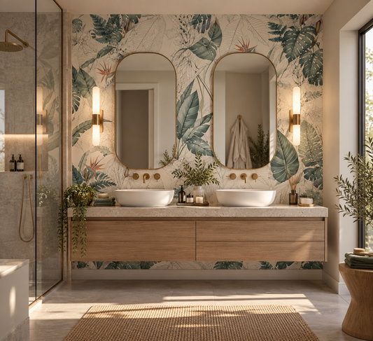 Papier peint adhésif Canopée, feuilles de monstera et de bananier vertes, en décoration murale
