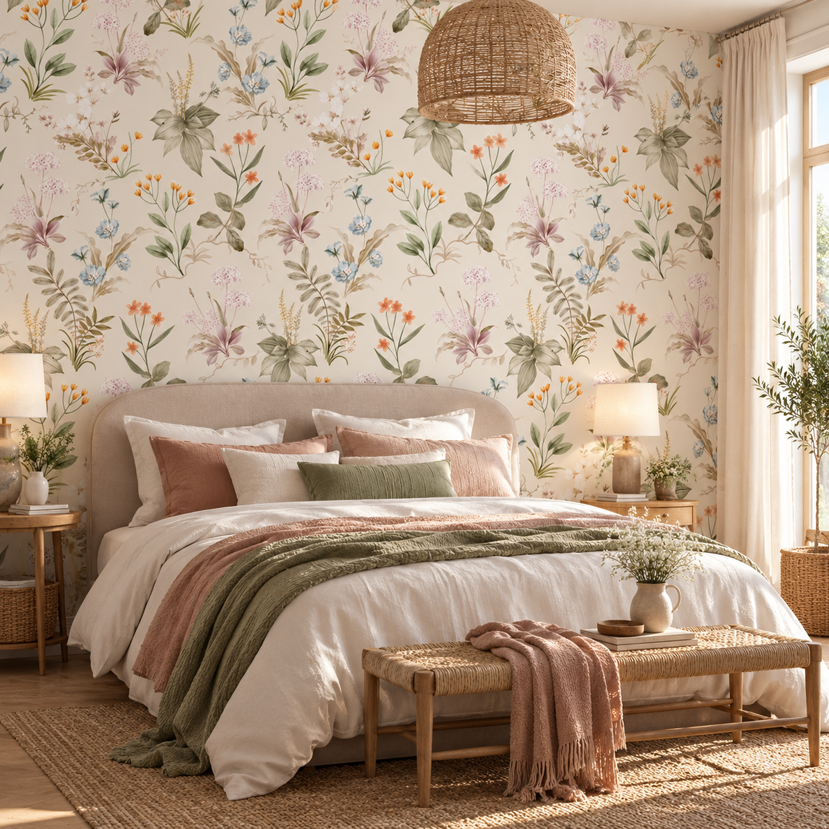 Papier peint adhésif Aube posé dans une pièce : fleurs sauvages à l'aquarelle sur fond crème