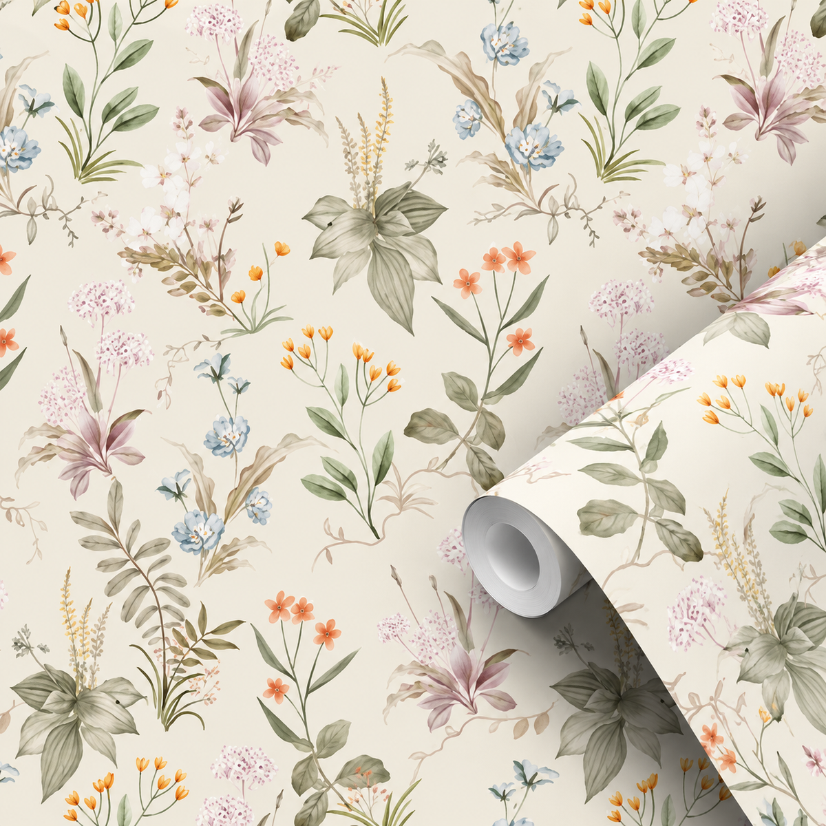Motif du papier peint adhésif Aube : fleurs sauvages à l'aquarelle sur fond crème