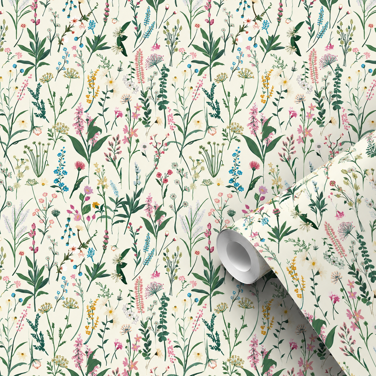 Motif du papier peint adhésif Pré Fleuri : fleurs des prés vert et rose